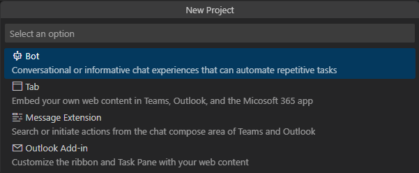 Screenshot shows the create new Teams app menu in Visual Studio Code.